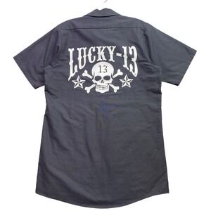 Lucky 13 Shirt Mens Medium Skull Crossbones Workwear Grunge Garage Streetwear